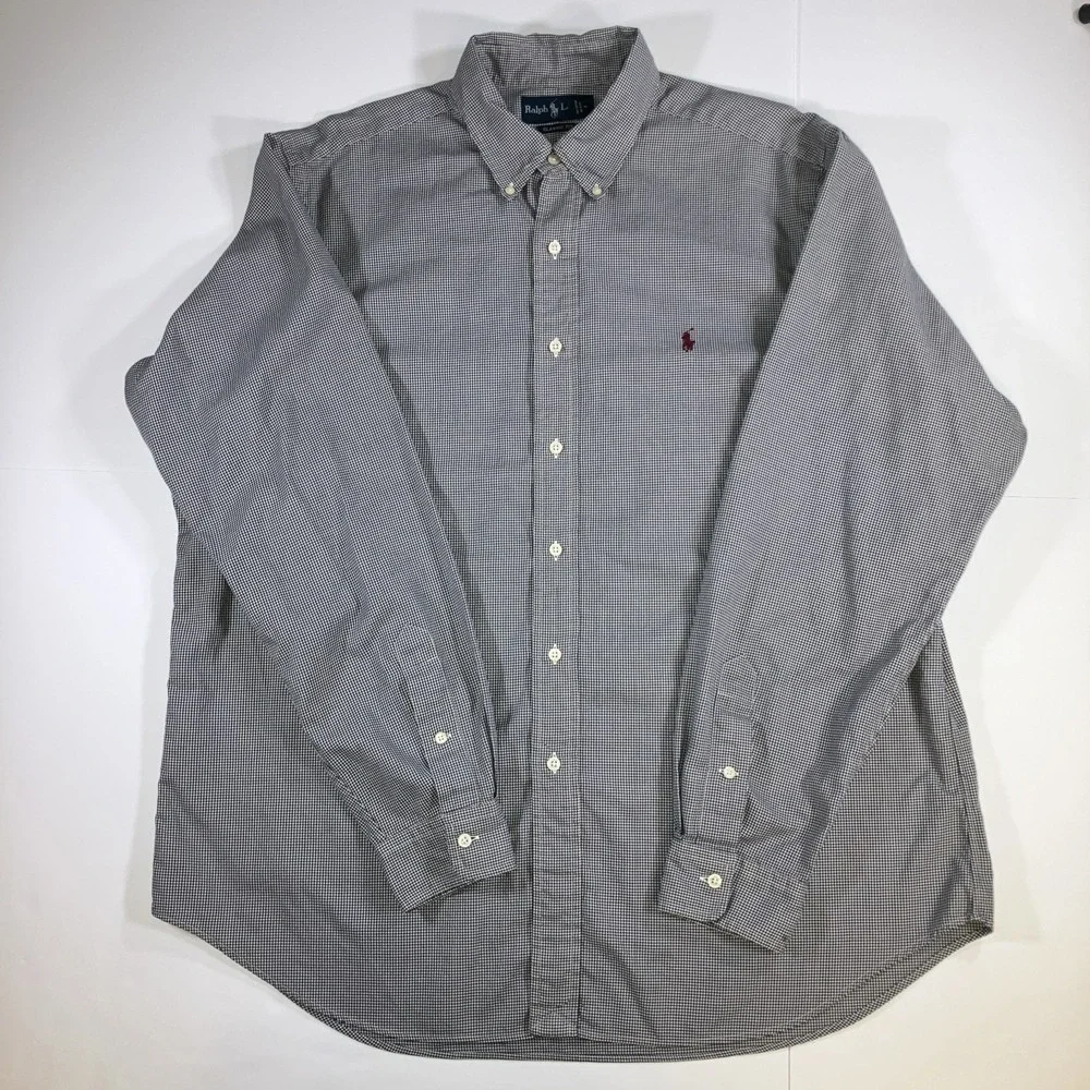 Polo Ralph Lauren Shirt Mens XL 17.5 Houndstooth Navy White L/S Button Down Flaw